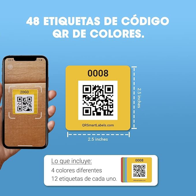 SmartLabels – Etiquetas QR en Español | Paquete de 48 | Multicolor | Calcomanías con App para Inventario Fácil, Organización de Bodegas o Etiquetas de Mudanza