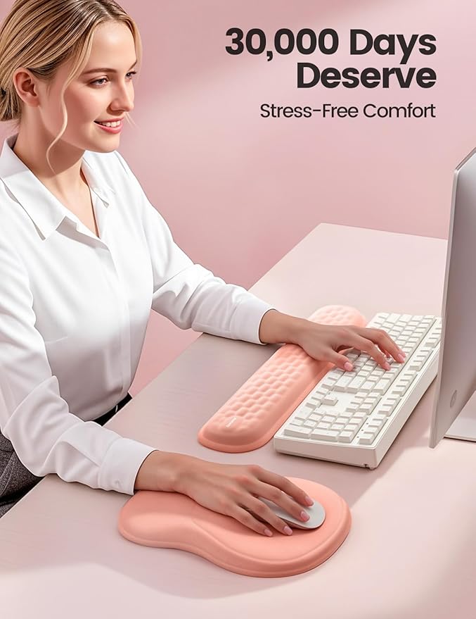 Meatanty Keyboard and Mouse Wrist Rest Set, Ergonomic Wrist Pad Support, Computer Hand Palm Rest Combo, Memory Foam Typing Desk Accessory Carpal Tunnel Cushion, Laptop Office Home School Women-Pink