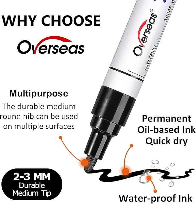 Overseas Black Paint Marker Pens - 36 Pack Oil-Based Permanent Markers Set, Quick Drying, Waterproof, Medium Tip Paint Pens Bulk for Wood, Metal, Rock, Ceramic, Plastic, Canvas, Glass, Rubber