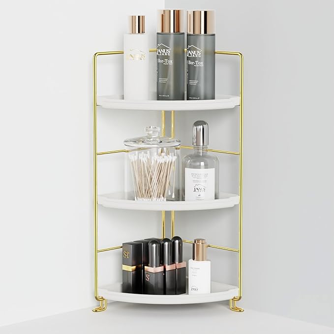 JANUS LiANG 3-Tier Bathroom Organizer Countertop, Corner Bathroom Counter Organizer, Makeup for Vanity Skincare Organizers and Storage, Kitchen Counter Organizer Perfume Organizer (Gold)