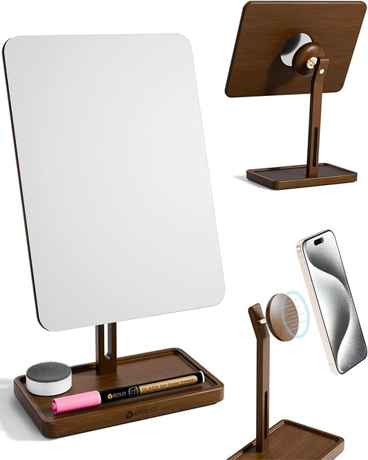 YEOUX Premium Desktop Glass Mirror, Dry Erase Board & Magnetic Phone Stand 3-in-1 | 360° Adjustable | Solid Wood | Compatible with MagSafe, Small Whiteboard for Office Home Desk