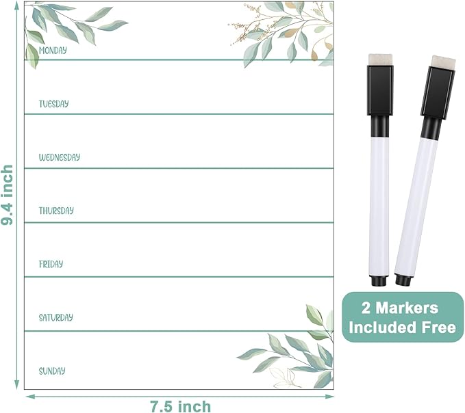 Outus 2 Pieces Magnetic Weekly Dry Erase Boards Erasable Weekly Calendars Whiteboard Planners with 2 Pieces Markers for Office, Home, School Supplies (Leaf Style)