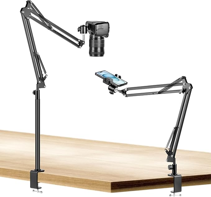 Evekea Overhead Camera Mount, Desk Camera Mount with 360° Adjustable Arm and Phone Holder for DSLR Cameras/iPhone/Webcam/Ring Light, Desk Phone Stand for Video Recording,Zoom Meeting,YouTube,TikTok