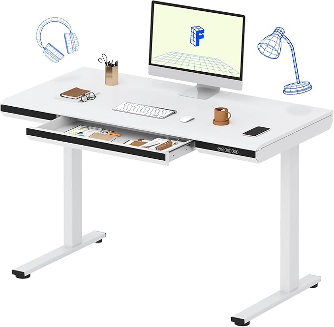 FLEXISPOT One-Piece 48" Standing Desk with Acrylic-Front Drawer, Fast-Assembly Ergonomic Sit-to-Stand Desk with MDF Top, 4 Height Memory Presets Touch-Control, Home Office Computer Workstation, White