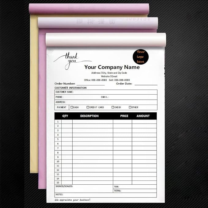 Personalized Invoice Book Custom 2 Part/3 Part Receipt Book Quote Estimate Order Forms Carbonless Form with Your Company Name Logo Address,2-10 Books (Style 13)