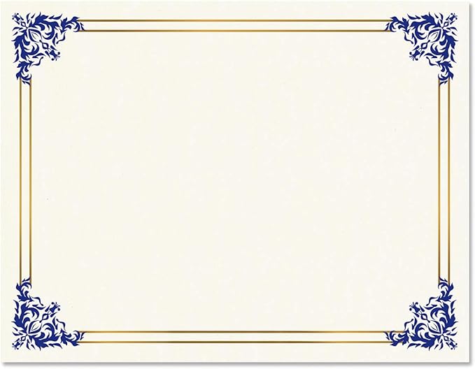 Empire Blue, Gold & White Parchment Certificate Papers - Pack of 100, Laser & Inkjet Printer Compatible, for Office, Business Awards, Graduation, School Diplomas, 8-1/2" x 11" on 60 lb. Text Stock