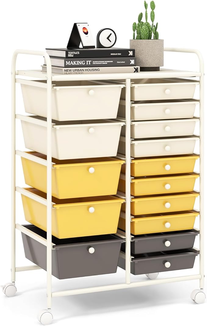 LDAILY 15 Drawer Rolling Storage Cart, Rolling Cart with Drawers for Classroom, Art Supply Craft Organizer on Wheel with Metal Frame & Handles for Home Office School