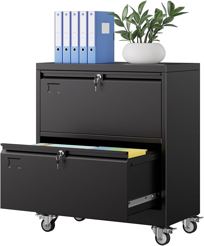 METAN Upgrade 2 Drawers Lateral File Cabinet on Wheels,Steel Office Filing Storage Cabinet with 2 Locks,Assembly Required,Black