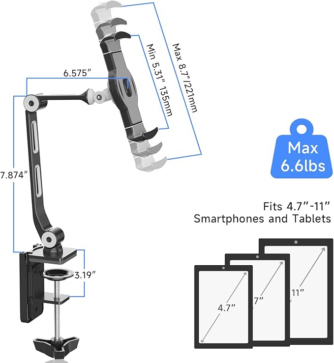 suptek Aluminum Alloy Cell Phone Desk Mount Stand 360° Tablet Stand and Holders Adjustable for iPad, iPhone, Samsung, Asus and More 4.7-11 inch Devices, Good for Bed, Kitchen, Office (YF208B)