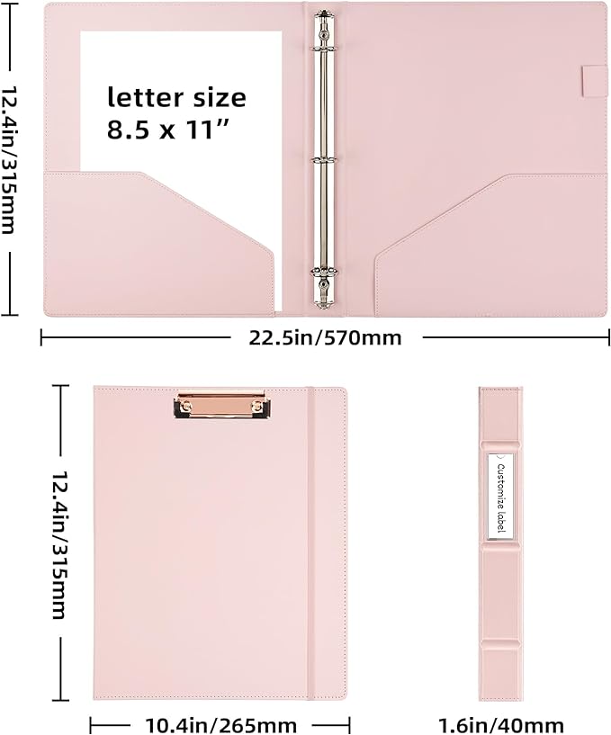 Ospelelf 3 Ring Binder with Clipboard 1 Inch Leather Binder for Letter Size (8.5" x 11"), Clipboard Binder with 5 Tab Dividers for School, Office, Pink