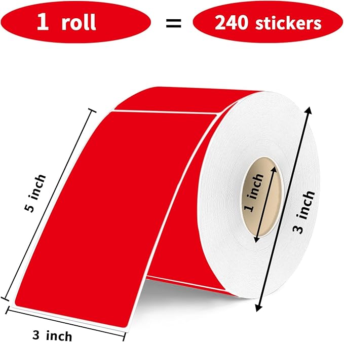 3×5 Inch Red Removable Thermal Labels,Waterproof Thermal Label,240 Sheets per Roll with Perforated Lines