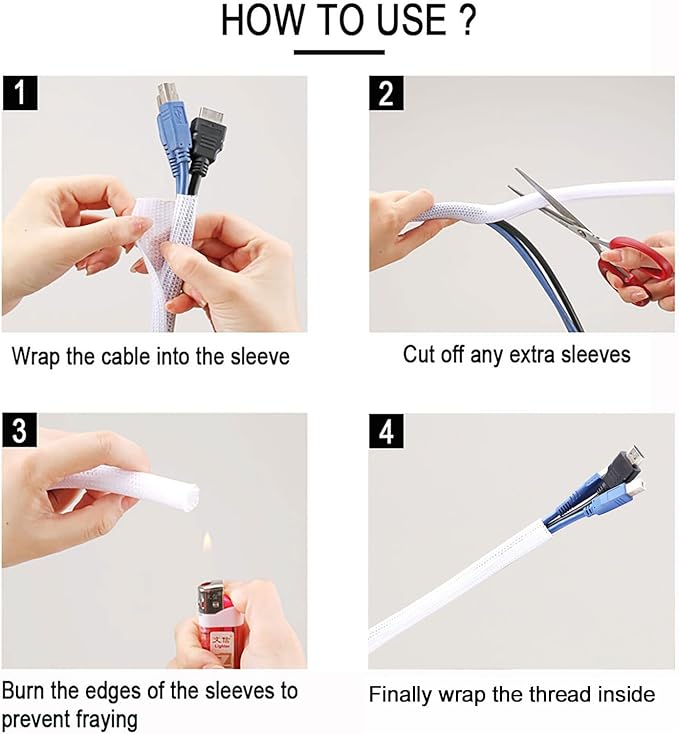 QCSIW 3/8"-50ft Braided Cable Sleeve Protector - Self-Wrapping Split Wire Loom for TV, Computer, Home Theater, Engine Bay - Heavy-Duty Cord Organizer, White