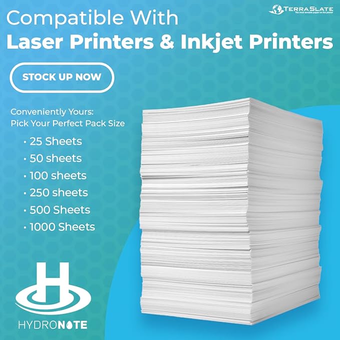 Terraslate Waterproof Paper - Hydronote 54lb Multipurpose Copy Paper 8.5” x 11”, Bulk White Paper, 2000 Sheets Inkjet Printer and Laser Printer Paper Compatible - Weather/Rain Proof, Durable