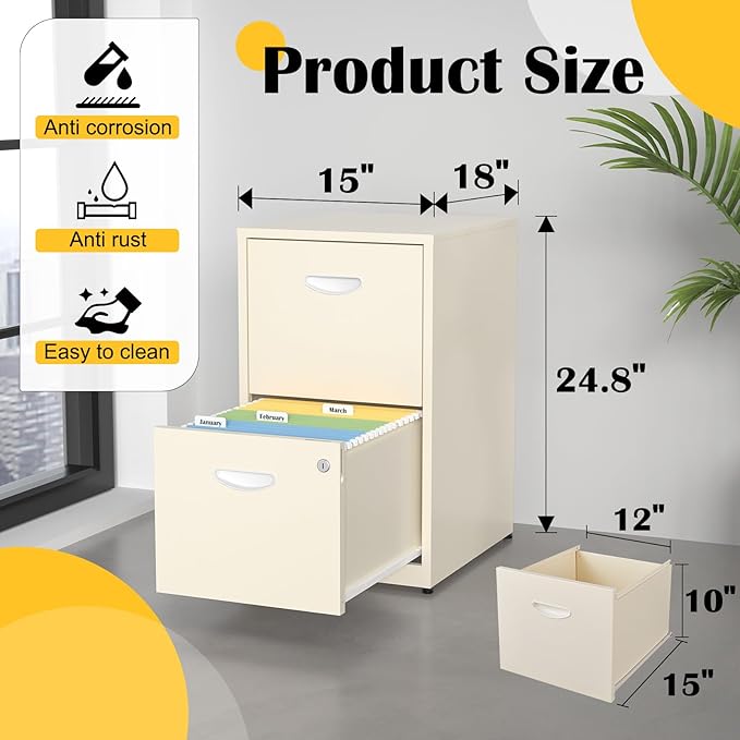 SteeLoong 2 Drawer File Cabinet with Lock,Metal File Cabinets for Home Office,Two Drawers Cream Filing Cabinets for Home Office, Office File Cabinets for Hanging Letter,Easy Assemble