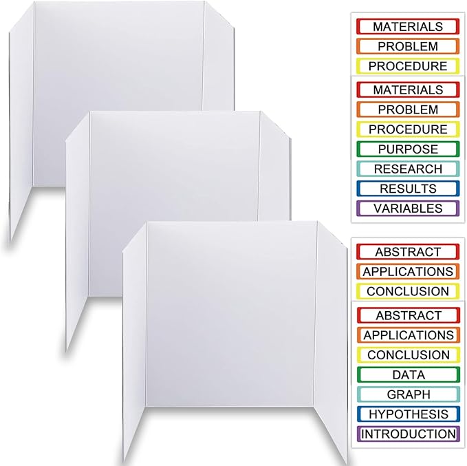 Trifold Display Boards with Colorful Self-Adhesive Sheets – 24 x 16 Inch Tri-Fold Corrugated Presentation Boards for Science Fairs, Complete Poster Board Kit