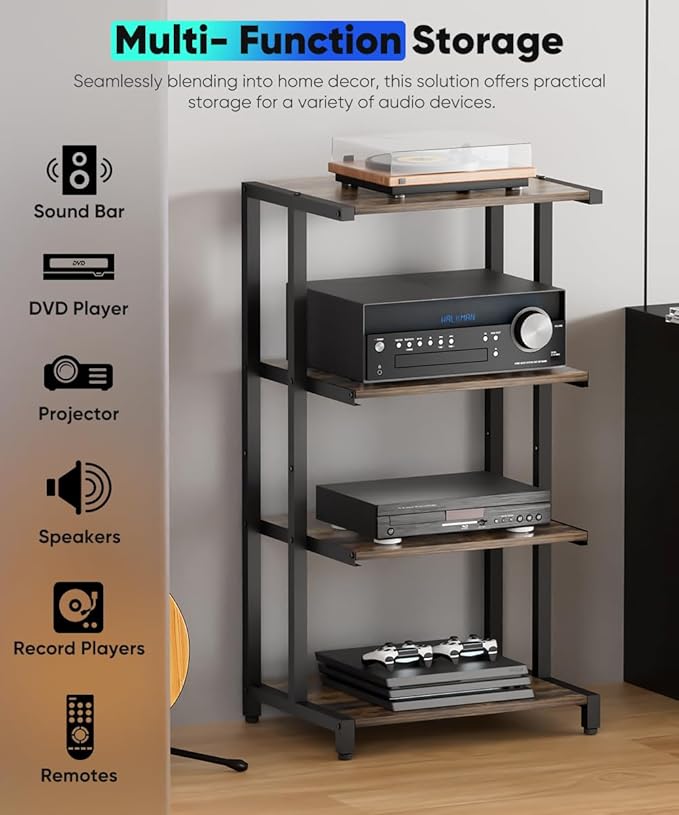 Ardier 4-Tier Wooden Media Stand, AV Media Stand Corner Shelf for TV Accessories/Audiovisual Equipment/Optical Disc/PS4, Audio Storage Rack for Living Room, Gaming Room, Music Studio, Black