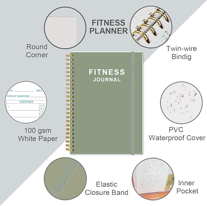 Fitness Journal for Women & Men - A5 Workout Journal/Planner Daily Exercise Log Book to Weight Loss, Gym, Muscle Gain, Bodybuilding Progress - Daily Personal Health & Wellness Tracker, Spiral-Bound, 5.8" x 8.3", Green