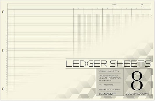 BookFactory Ledger Sheets/Large 8 Column Accounting Ledger Columnar (Eight Columns) Loose Leaf Paper - 17'' x 11'', 50 Pages, Loose Leaf, 3 Hole Punched (Made in USA)