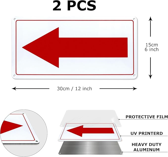 Red Arrow Sign Aluminum 10 x 5 Inch Heavy Duty Metal Waterproof Reflective Directional Sign for Outdoor 2 Pack