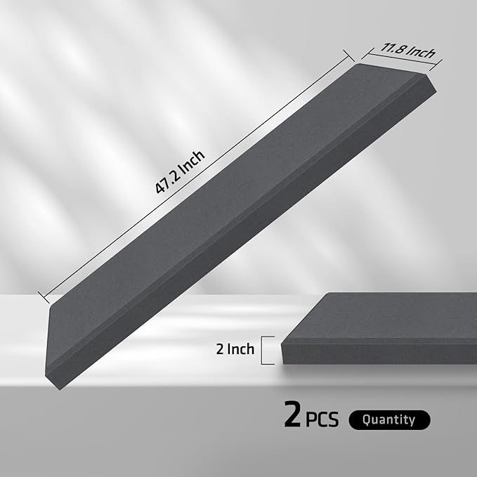 2” Thick Acoustic Panels with Hanging Brackets to the Wall, 2 PCS 47.2” x 11.8” Fiberglass Sound Absorbing Panels for Home Theater Church Office Wall or Ceiling, Medium Grey