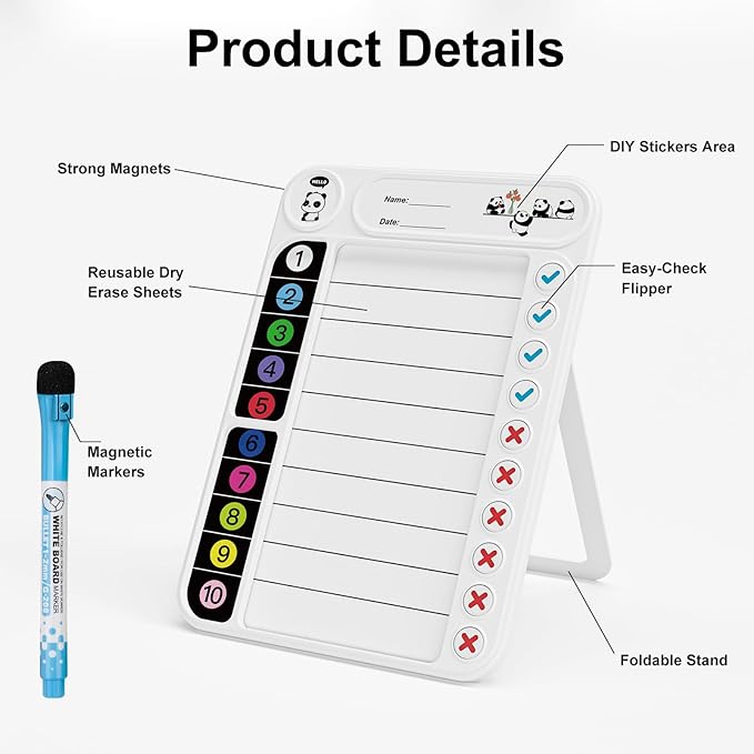 Magnetic Chore Chart for Kids, ADHD Task Tracker Easy-Check Routine Dry Erase Board, to-Do List Planning Tool with Stand for Fridge/Desk/Home/School, 6 Reusable Sheets, 3 Markers