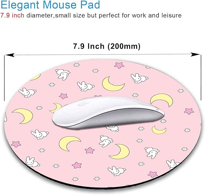 IMAYONDIA Pink Kawaii Round Mouse Pad, Cute Moon Bunny Small Mouse Mat，Aesthetic Anime Mousepad for Women Kids Office Home School, Computer PC Laptop Pastel Mice Pad, 7.9 x 7.9 in