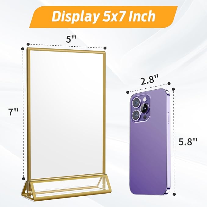 Smarpau Acrylic Gold Sign Holder 5x7,8 Pack Table Number Holders, Double-Sided Display Stand Picture Frames Menu Holder Flyer Stands Photo Holders for Wedding