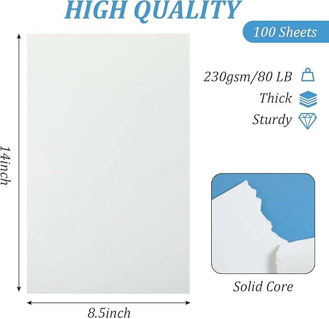 8.5" x14" Legal Size White Cardstock - 100 Sheets Thick Card Stock, 80lb/230g Heavyweight Printable Legal Size Paper for Invitations, Menus, Wedding, DIY Cards