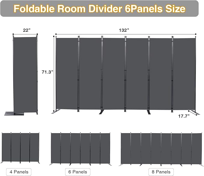 CHOSENM Room Divider, 6 Panel Folding Privacy Screens with Wider Support Feet, 6 Ft Portable Room Partition for Room Separator, 132" W X 71" H, Grey