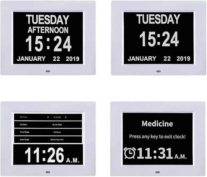 TMC 8 Inch Digital Dementia Clock for Seniors – Large Auto-Dimming Display with Date & Time, Multi-Language Calendar, 5 Alarms + Medicine Reminders – Wall or Desk Mount, Built-in Stand (White, SD)