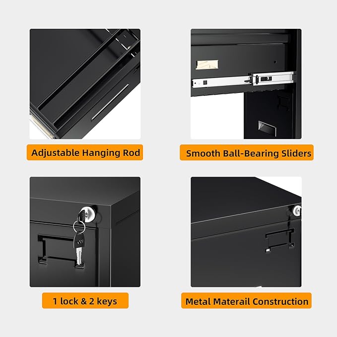INTERGREAT 2 Drawer File Cabinet, Black Metal Filing Cabinet with Lock, Lockable Vertical File Office Cabinet for Hanging Letters/Legal/A4, Assembly Required