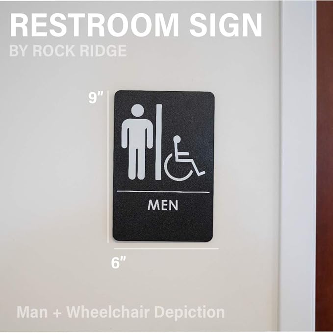 USA Made - Men's and Women's Restroom Signs ADA-Compliant Bathroom Door Signs for Offices, Businesses, and Restaurants, Black, Blue, Grey and Taupe/Tan Colors (Black Handicap)