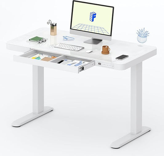 FLEXISPOT Comhar Electric Pure Glass Standing Desk with Drawer Desktop & USB Charge Ports, 48" Ergonomic Height Adjustable Sit to Stand Desk for Home Office (White, Glass)