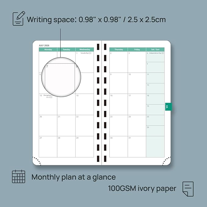 POPRUN 2026 Pocket Planner (Slim Size 3.5" x 6.5") Weekly and Monthly Calendar for Purse, with Hourly Time Slots, 100GSM Thick Paper, Spiral Soft Cover, Pen Holder - Brown