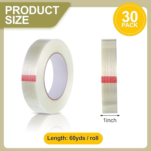 Treela 30 Rolls 1 Inch x 60 Yards Filament Strapping Tape Heavy Duty Fiberglass Reinforced Packing Shipping 5.5 Mil Transparent Tape for Sealing Binding Fixing