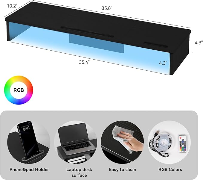 Qupui Dual Monitor Stand Riser with LED Lights and Phone Tablet Holder, 35.8in Large Monitor Stand for Desk, Computer Monitor Stand for 2 Monitors, Desktop Shelf Organizer for Laptop, Printer, TV