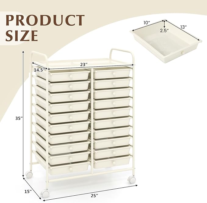 Happygrill 20-Drawer Organizer Cart Tools, Mobile Utility Storage Cart with Removable Drawers & Lockable Wheels, Rolling Storage Cart with wheels for Home Office School (White)