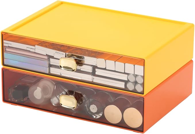 OSteed Spacious Desktop Storage Box, 2 Large Storage Drawers, Stackable Office Desk Drawer Organizer and Accessories, Printer Paper Organizer, Orange & Yellow Plastic Drawers for Workspace & Home