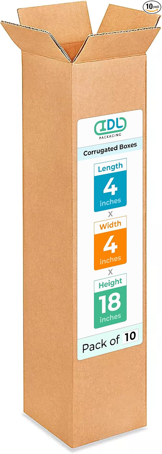 IDL Packaging B-4418-10 Tall Corrugated Shipping Boxes 4"L x 4”W x 18"H (Pack of 10) - Excellent Choice of Strong Packing Boxes for USPS, UPS, FedEx Shipping