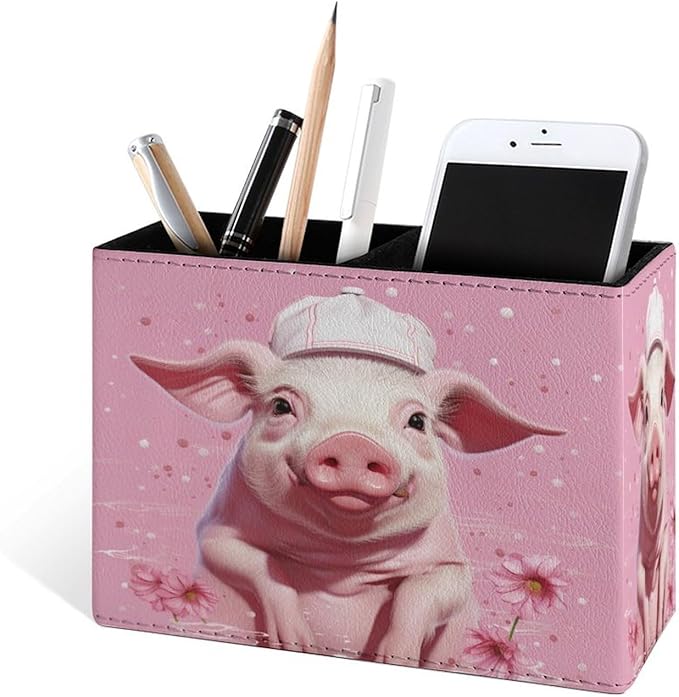 Famame Pig Pink with Hat Pencil Holder for Desk, Leather Desktop Container Pen Cup Storage Study Table Pen Organizer Makeup Brush Holder for Classroom Office Home