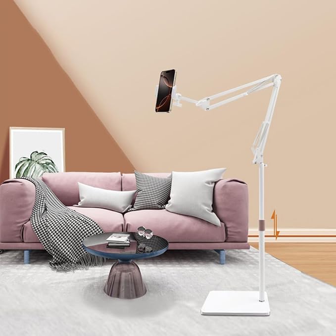 Hosann Century Tablet Floor Stand,360 Degree Adjustable Height Stretchable Arm Swivel Dual Holder,Compatible with 4.7-12.9inch Smart Phone/Tablet Kindle ipad Stand Floor (White)