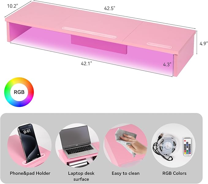 Qupui TV Riser Stand with LED Lights, 42.5in Super Large Monitor Stand with Phone Tablet Holder, Tabletop TV Stand Riser for Desk, Desktop Organizer for Computer, TV, Laptop, Printer