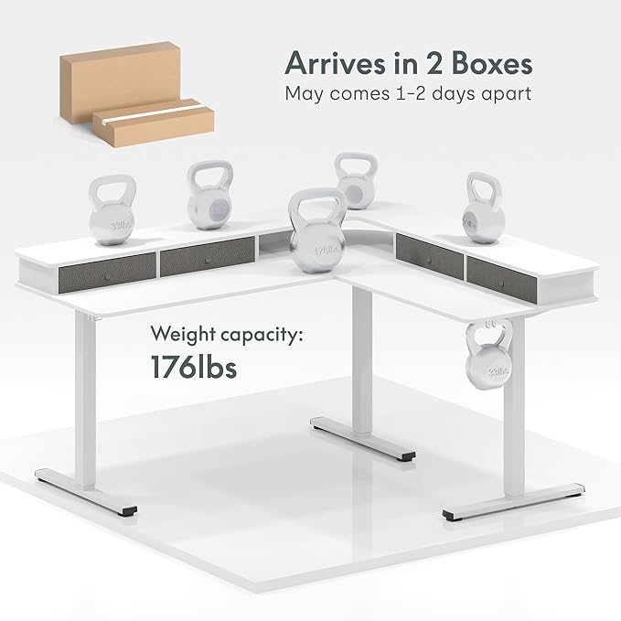 FLEXISPOT 63" L Shaped Standing Desk with Shelf Electric Corner Table, Drawers, Adjustable Computer Workstation for Home, Office,63x55in, White Top + White Frame