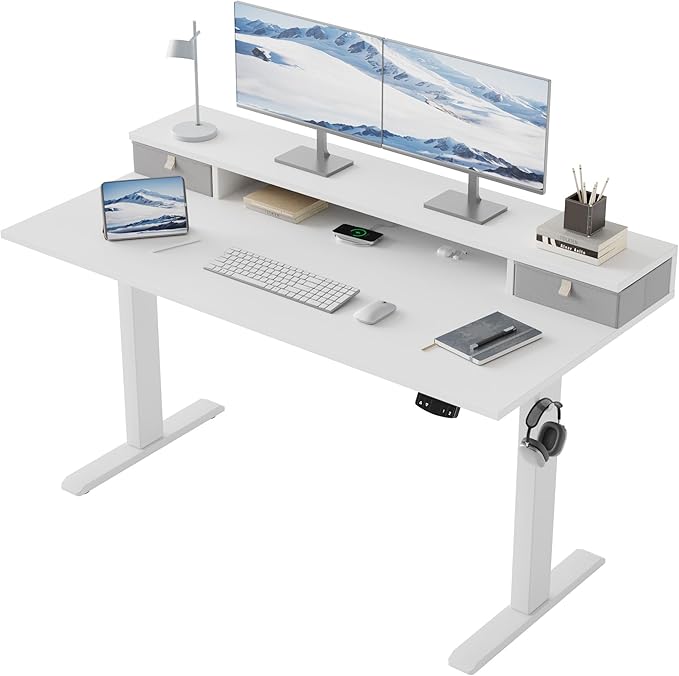 Klicelor 55 Inch Electric Standing Desk with Drawers, Adjustable Height Small Sit Stand Desk for Home Office, Compact Computer Workstation with Storage– White