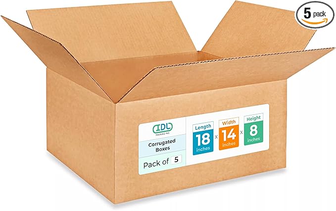 Medium Shipping & Moving Boxes 18 x 14 x 8 inches (5-Pack) - Extra Strength 200 lb vs Regular - Corrugated Durable Boxes for Packaging - Cardboard Moving Box - Corrugated Box by IDL Packaging