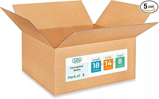 Medium Shipping & Moving Boxes 18 x 14 x 8 inches (5-Pack) - Extra Strength 200 lb vs Regular - Corrugated Durable Boxes for Packaging - Cardboard Moving Box - Corrugated Box by IDL Packaging