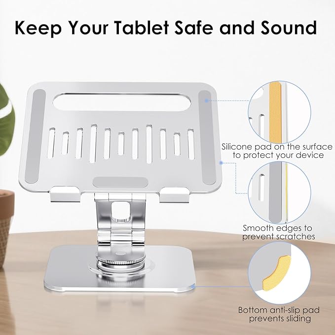 Gorablix Tablet Stand for Desk, 360° Swivel for iPad Holder, Aluminum Adjustable Tablet Holder, Compatible for iPad Pro Air Mini Surface Pro Samsung Galaxy Tabs Kindle, 4-12.9 inch, Silver