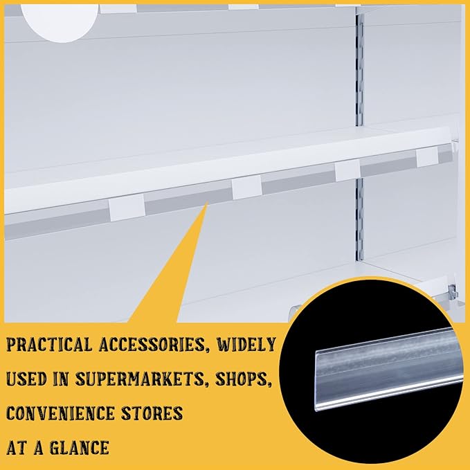 Fainne 50 Pcs Shelf Label Strips 1.25''H x 48 L Self Adhesive Shelf Label Holder Gondola Price Tag Stick on Plastic Clear Ticket Channel for Metal Wood Plastic Rack