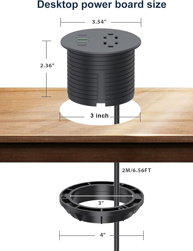 Recessed Power Grommet 3 inch With 65W USB C Ports 2 AC Outlets,Recessed Outlet Fast Charging Station,Desk Hole Grommet Outlets,Round Desktop Power Grommet Outlet for Office,Home (Black, 65W USB Port)