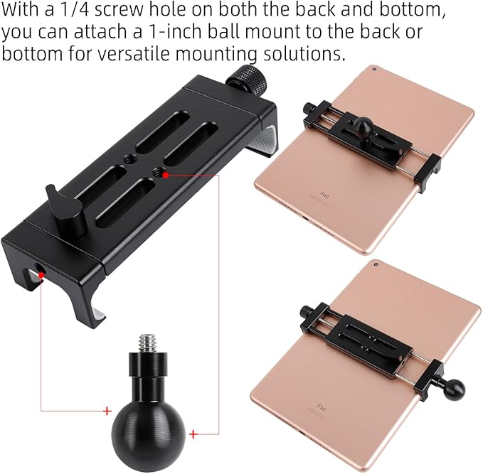 Aluminum Alloy Tablet Holder with 1" Ball Head-360 Rotatable Tablet Mount for iPad and Other Devices from 4.7"-12.9", Compatible with RAM Mounts and Other B Size Double Socket Arm